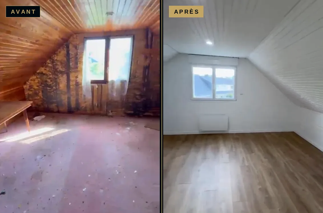 Avant et après rénovation d’une chambre sous combles de pavillon : lambris bois remplacé par un lambris blanc et sol neuf