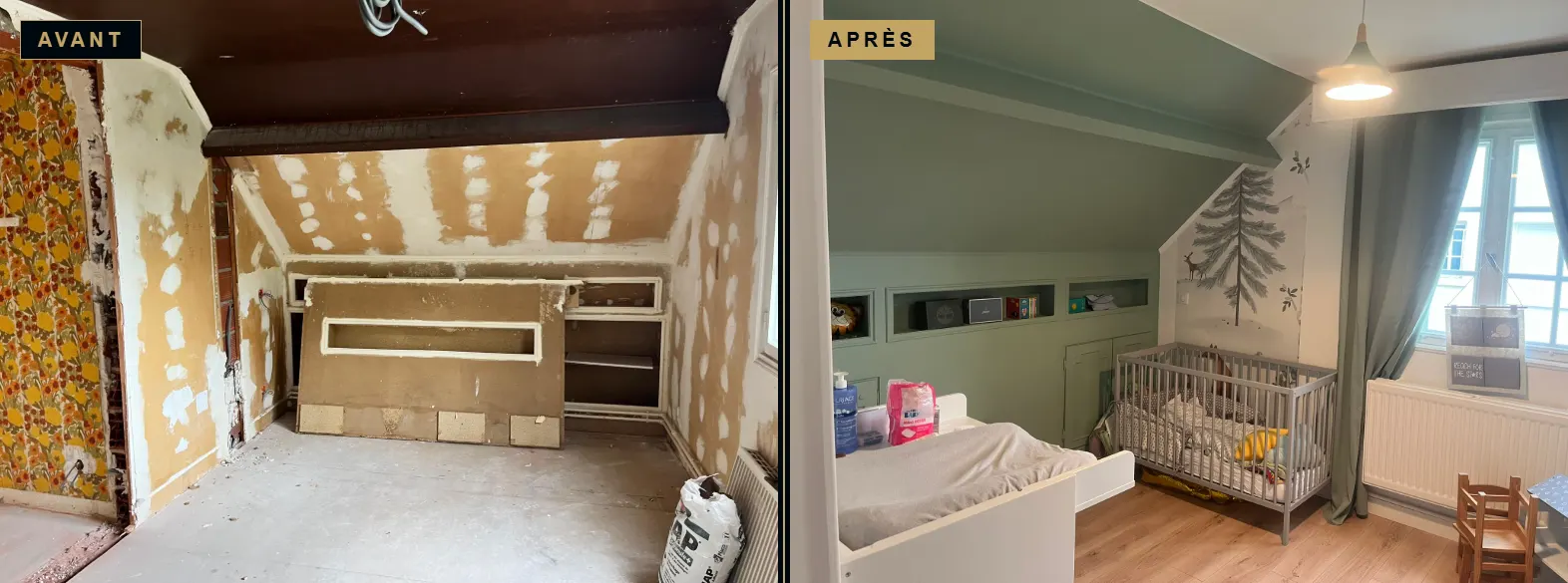 Avant et après la rénovation d’une chambre sous combles transformée en chambre d’enfant, accompagnée par Signature Travaux