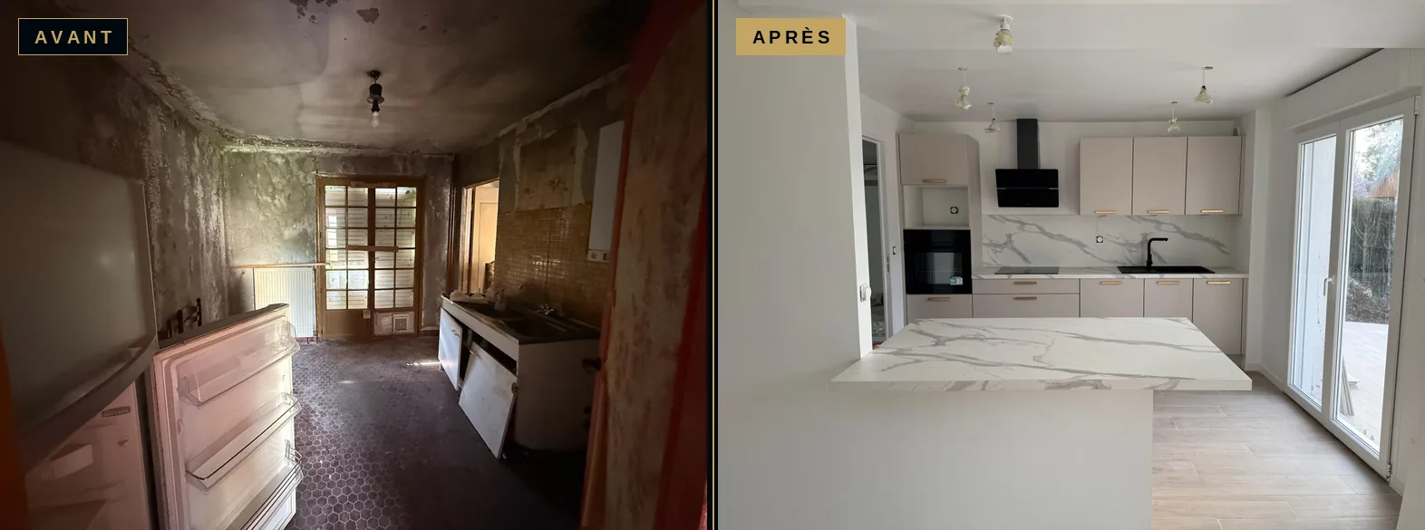 Avant et après rénovation de cuisine de pavillon : cuisine fermée vétuste devenue cuisine ouverte avec îlot effet marbre