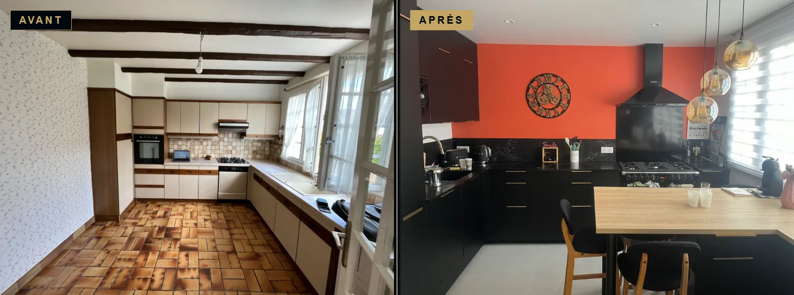 Avant et après la rénovation de la cuisine : cuisine fermée des années 1980 transformée en cuisine ouverte noire avec bar