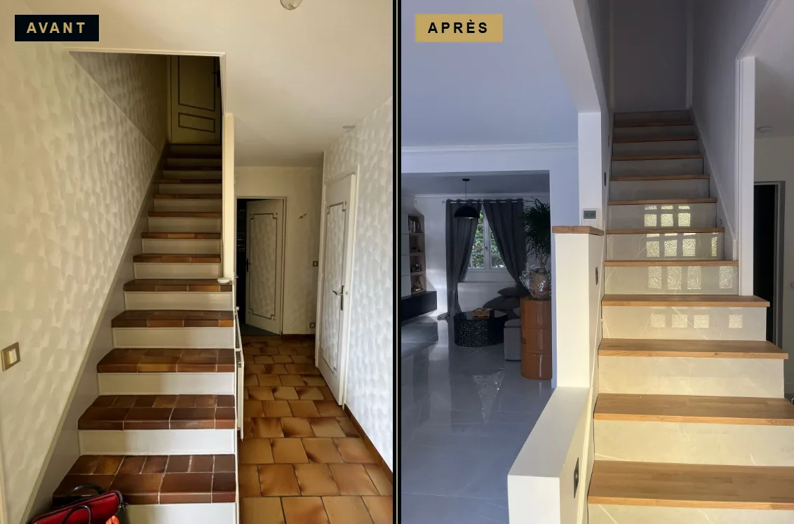 Avant et après la rénovation de l’entrée et de l’escalier : marches carrelées remplacées par un habillage chêne, entrée ouverte