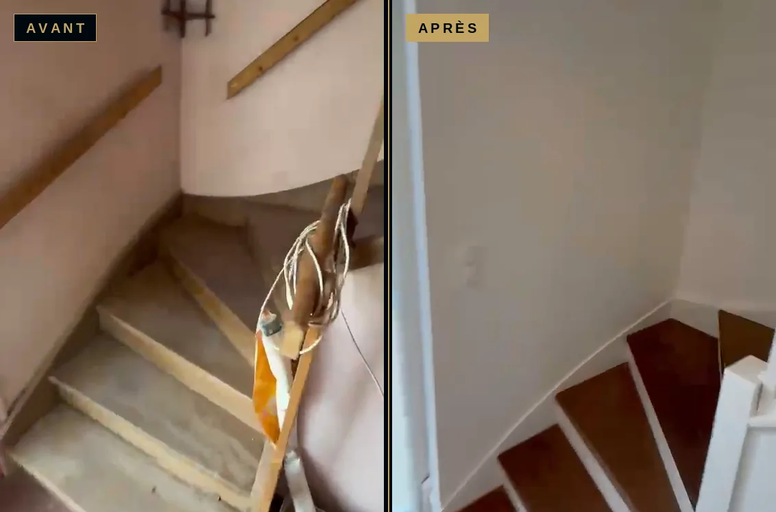 Avant et après rénovation d’un escalier de pavillon : marches dégradées remplacées par un escalier en bois et contremarches blanches