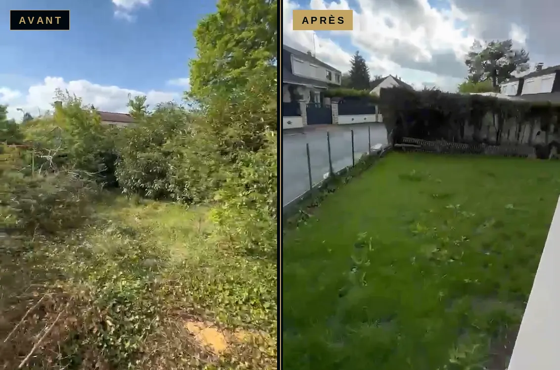 Avant et après aménagement extérieur d’un pavillon : jardin envahi par la végétation devenu pelouse entretenue avec terrasse