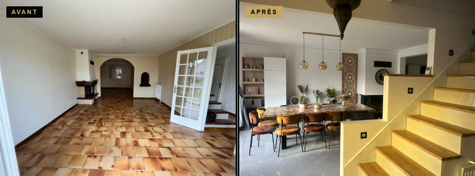 Avant et après le décloisonnement de la pièce de vie avec cheminée lors de la rénovation d’une maison des années 1980