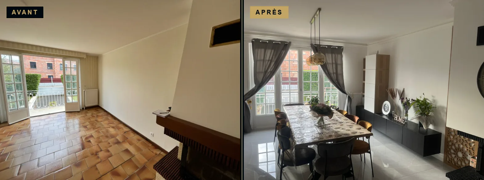 Avant et après la rénovation de la salle à manger d’une maison des années 1980 accompagnée par Signature Travaux