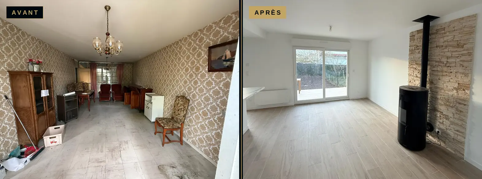 Avant et après rénovation d’un séjour de pavillon : papier peint ancien remplacé par un séjour clair avec carrelage effet bois et poêle